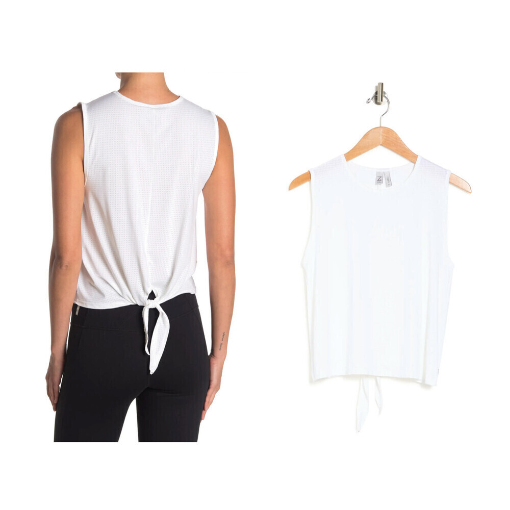 Z By Zella Women White Round Neck Sleeveless Tie Back Athletic Tank Top Size S